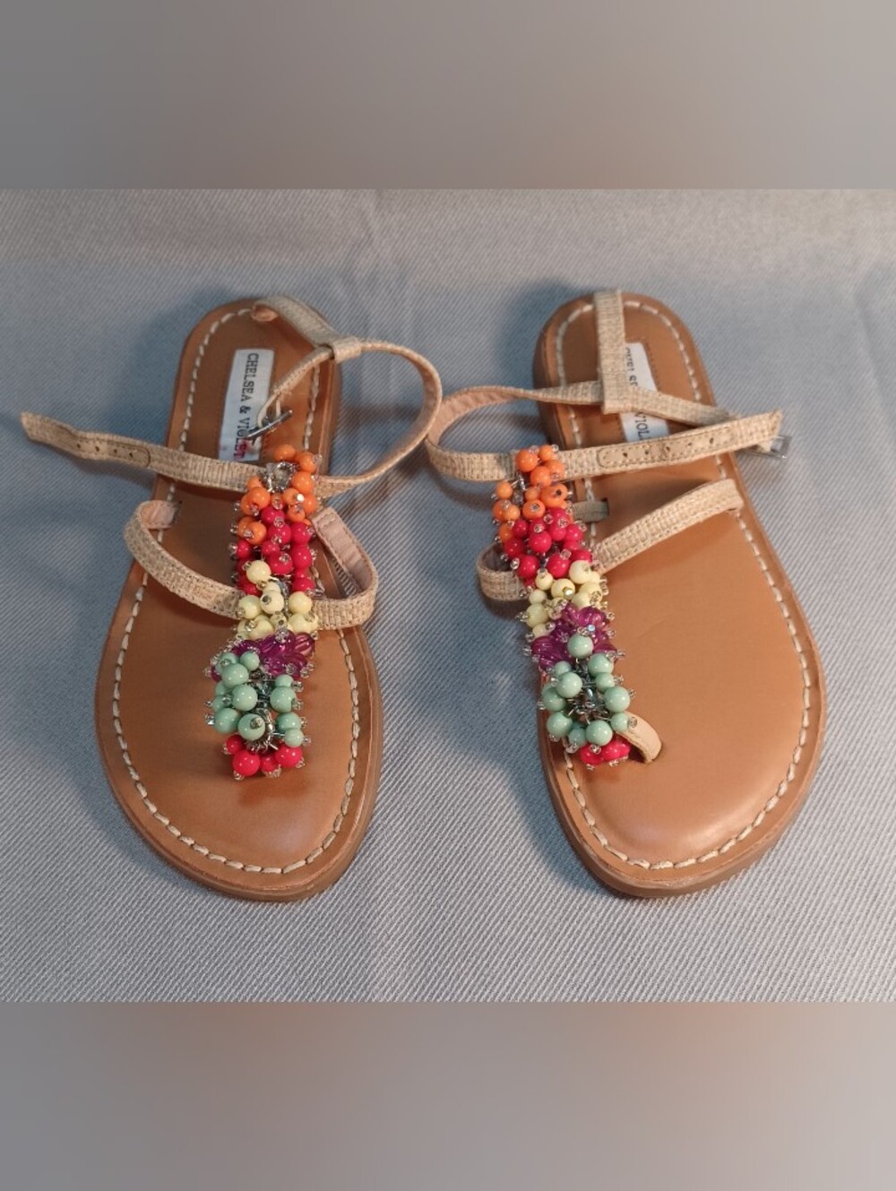 Chelsea & Violet Ella Rainbow Bead Flat Strap Sandals Women's Size 6.5